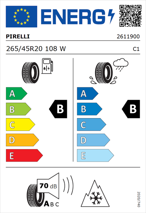 Tyre Label for Pirelli Scorpion Verde All Season 265/45R20 108W