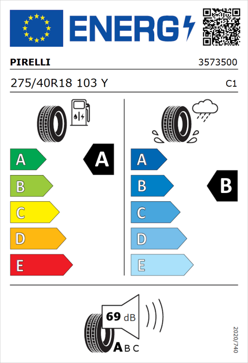 Tyre Label for Pirelli Cinturato P7 (P7C2) 275/40R18 103Y
