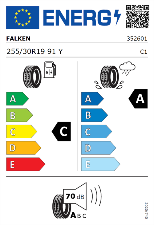 Tyre Label for Falken Azenis FK520 255/30R19 91Y