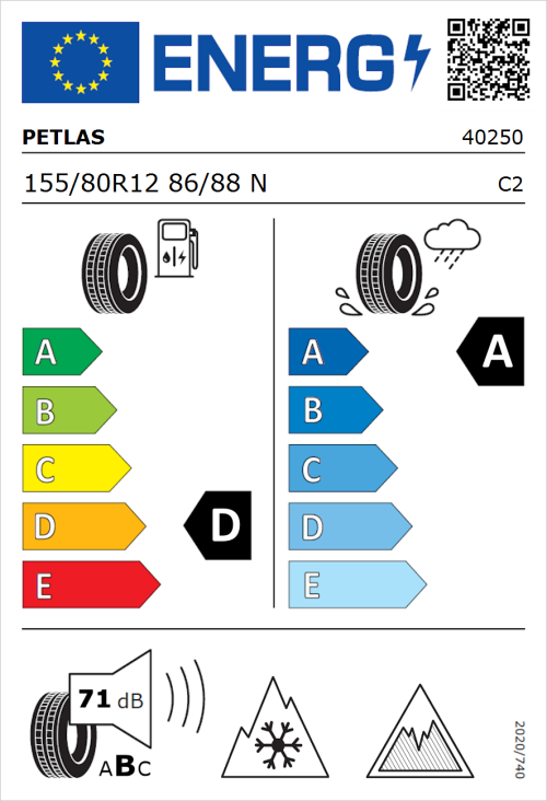 Tyre Label for Petlas Full Grip PT925 155/80R12 86/88N