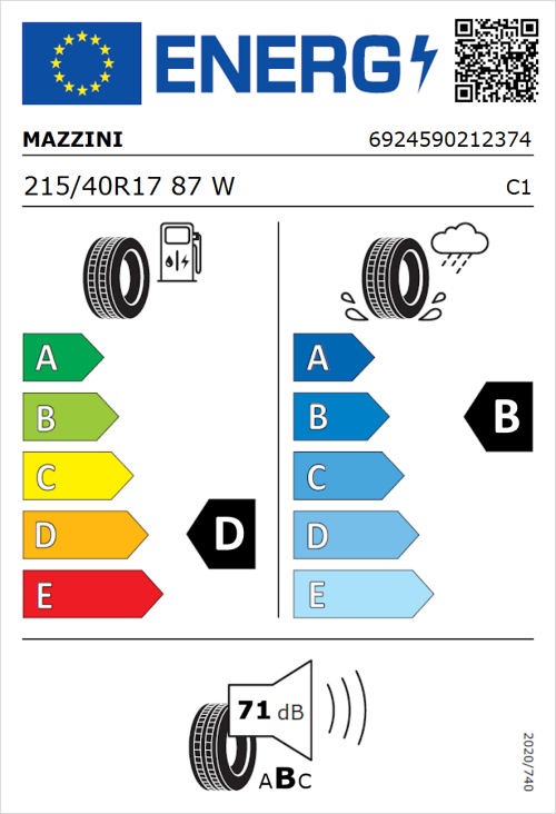 Tyre Label for Mazzini Eco 607 215/40R17 87W